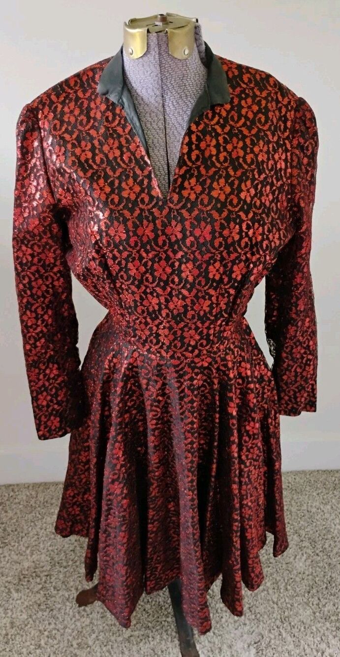1950's Vintage Black Orange Lace Cocktail Party Dress Goth Witchy Halloween 4/6